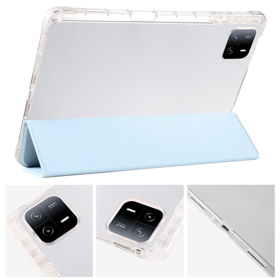 For iPad Air 13 2024 3-fold Clear TPU Smart Leather Tablet Case with Pen Slot(Ice Blue)