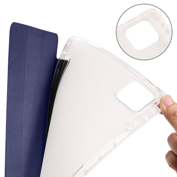 For iPad Air 13 2025 / 2024 3-fold Clear TPU Smart Leather Tablet Case with Pen Slot(Dark Blue)
