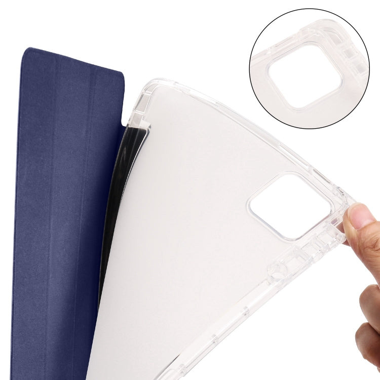 For iPad Air 13 2025 / 2024 3-fold Clear TPU Smart Leather Tablet Case with Pen Slot(Dark Blue)
