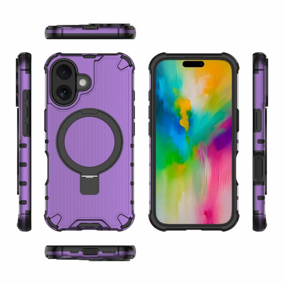 For iPhone 16 Grating Holder Shockproof Phone Case(Purple)