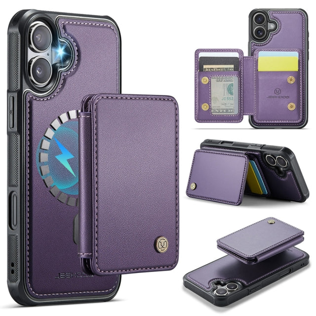 For iPhone 16 Plus JEEHOOD J05 Business Magnetic Style RFID Leather Phone Case(Purple)