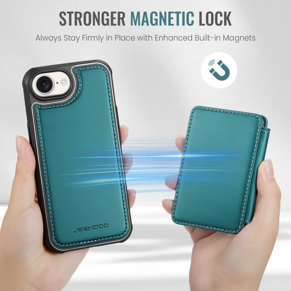 For iPhone 16e JEEHOOD J05 Business Magnetic Style RFID Leather Phone Case(Blue Green)