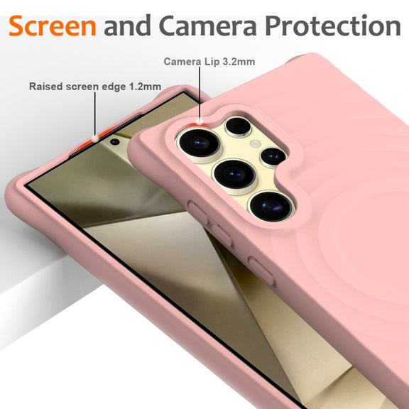 For Samsung Galaxy S25 Ultra 5G Wave Texture MagSafe Magnetic Liquid Silicone Phone Case(Pink)