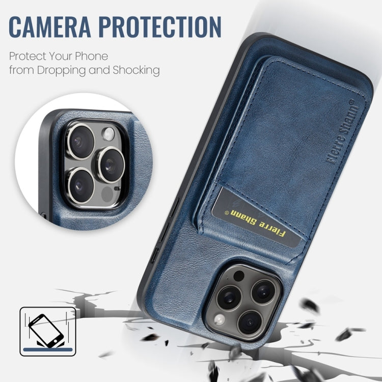 For iPhone 16 Pro Max Fierre Shann Cowhide Vertical Flip Magnetic Card Holder Phone Case(Blue)