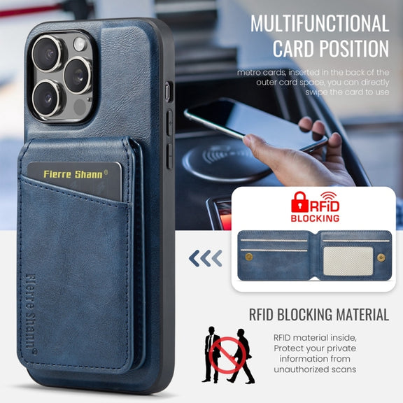For iPhone 16 Pro Max Fierre Shann Cowhide Vertical Flip Magnetic Card Holder Phone Case(Blue)