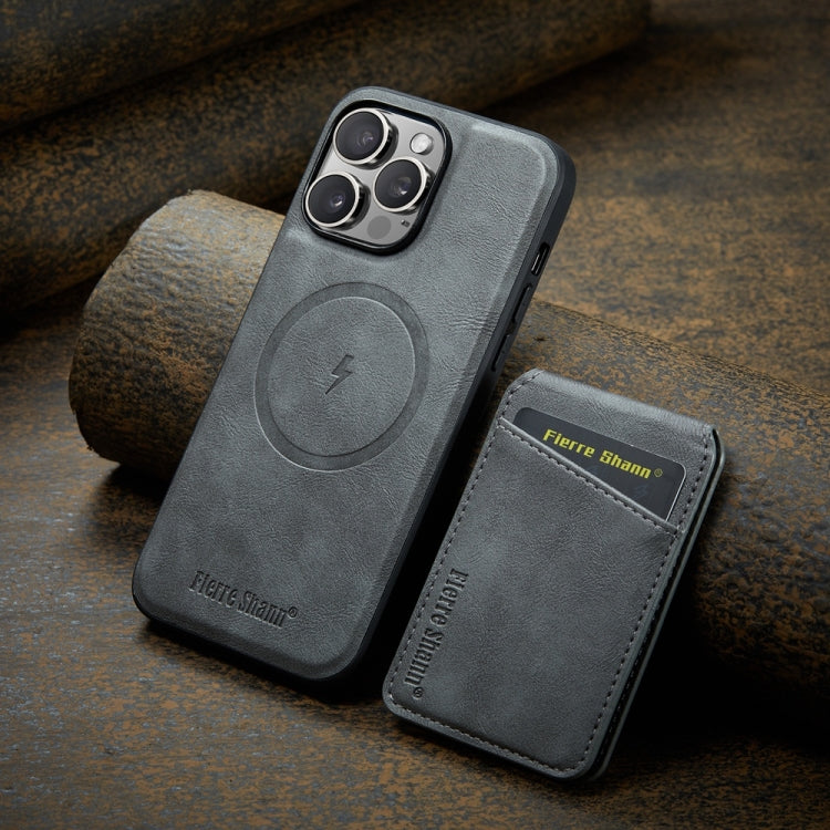 For iPhone 16 Pro Max Fierre Shann Cowhide Vertical Flip Magnetic Card Holder Phone Case(Grey)