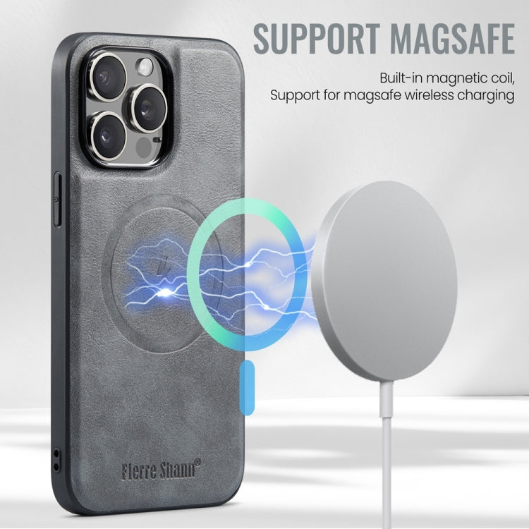 For iPhone 16 Pro Max Fierre Shann Cowhide Vertical Flip Magnetic Card Holder Phone Case(Grey)