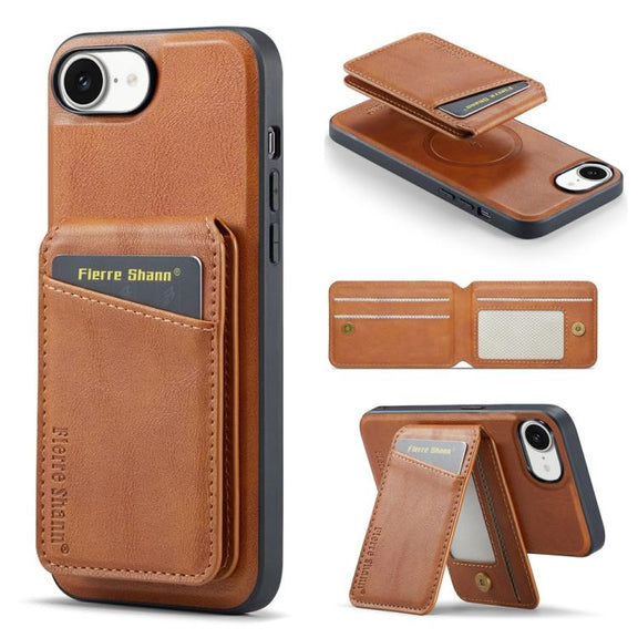 For iPhone 16e Fierre Shann Cowhide Vertical Flip Magnetic Card Holder Phone Case(Brown)