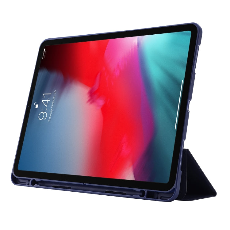 For iPad Air 13 2025 / 2024 Skin Feel Tri-fold Leather Tablet Case with Pen Slot(Dark Blue)