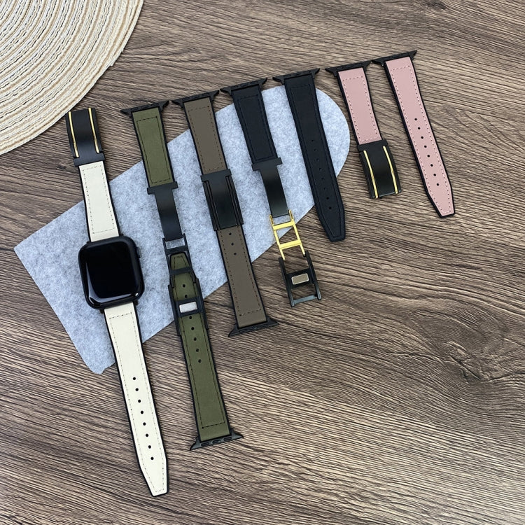 For Apple Watch Series 3 38mm Trapezoid Fold Magnetic Buckle Silicone PU Watch Band(Black Gold)