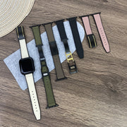 For Apple Watch Series 2 42mm Trapezoid Fold Magnetic Buckle Silicone PU Watch Band(Black Gold)