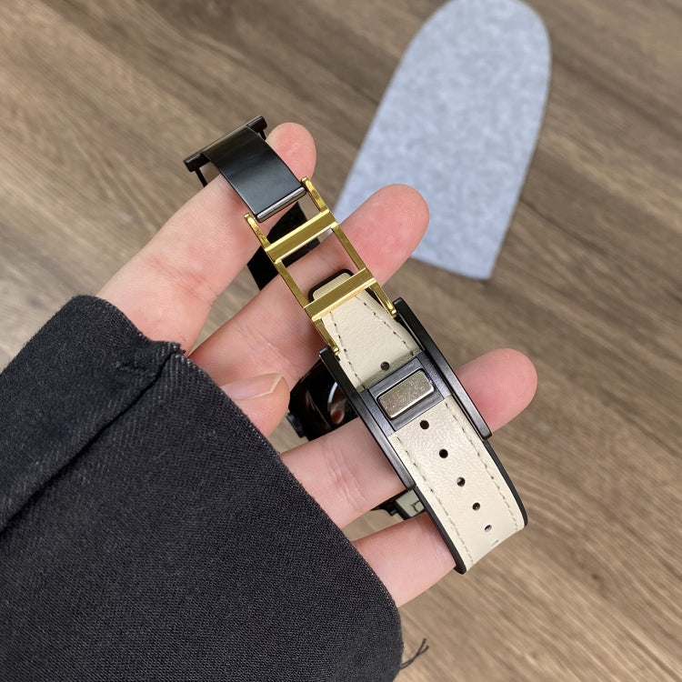 For Apple Watch Series 2 42mm Trapezoid Fold Magnetic Buckle Silicone PU Watch Band(Black Gold)