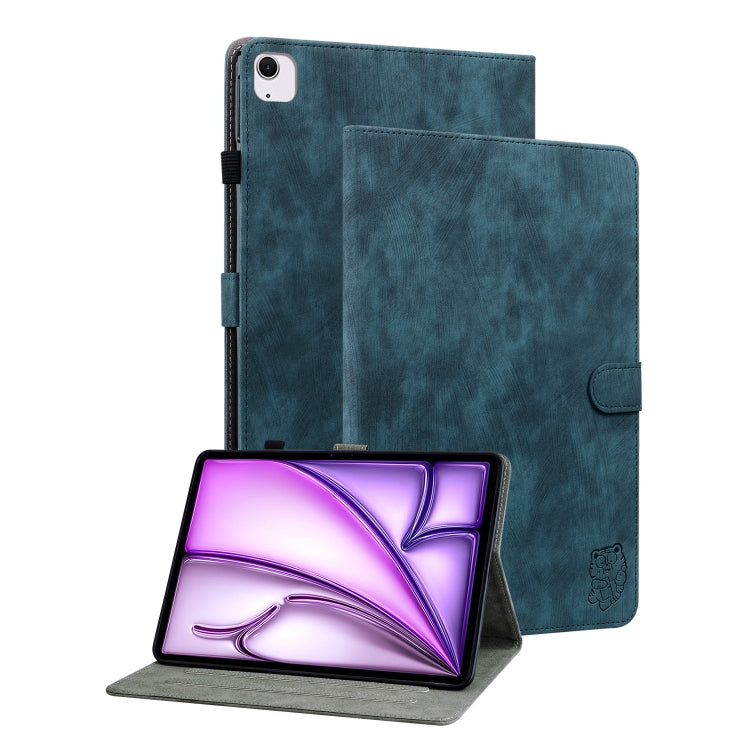 For iPad Air 11 2025 / 2024 Embossed Tiger Pattern Leather Tablet Case(Dark Blue)