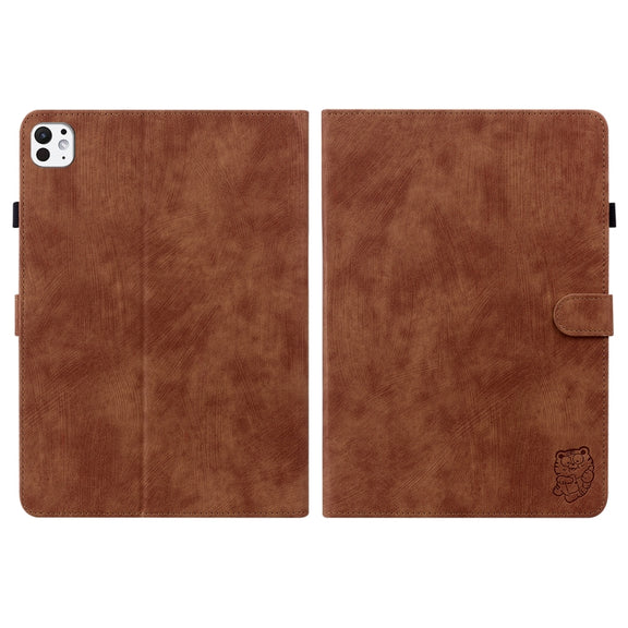 For iPad Pro 11 2024 Embossed Tiger Pattern Leather Tablet Case(Brown)