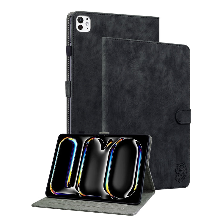 For iPad Pro 11 2024 Embossed Tiger Pattern Leather Tablet Case(Black)
