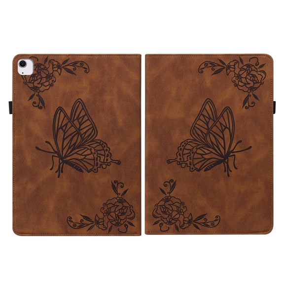 For iPad Air 11 2024 Butterfly Flower Embossed Leather Tablet Case(Brown)