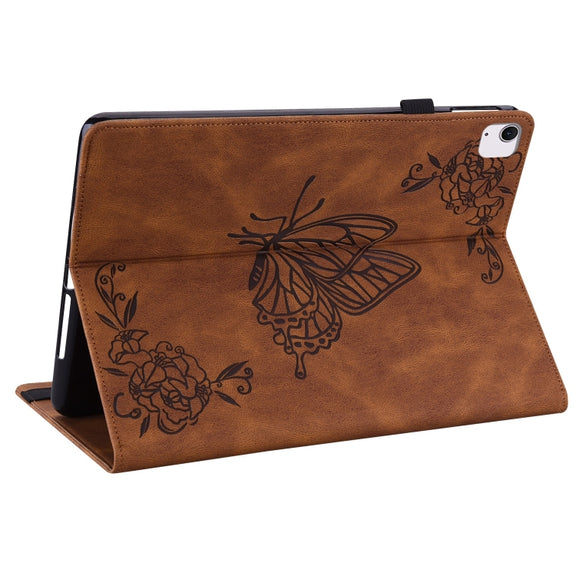 For iPad Air 11 2024 Butterfly Flower Embossed Leather Tablet Case(Brown)