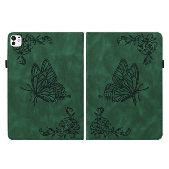 For iPad Pro 11 2024 Butterfly Flower Embossed Leather Tablet Case(Green)