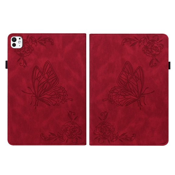 For iPad Pro 11 2024 Butterfly Flower Embossed Leather Tablet Case(Red)