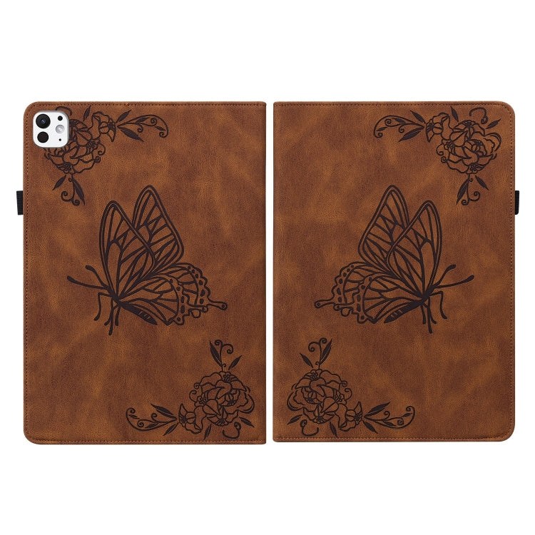 For iPad Pro 11 2024 Butterfly Flower Embossed Leather Tablet Case(Brown)