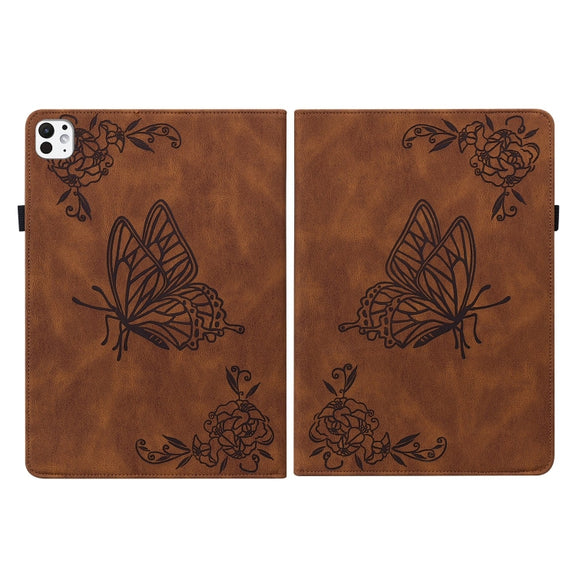 For iPad Pro 11 2024 Butterfly Flower Embossed Leather Tablet Case(Brown)