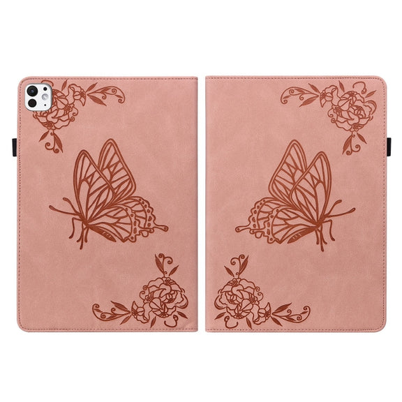 For iPad Pro 11 2024 Butterfly Flower Embossed Leather Tablet Case(Rose Gold)