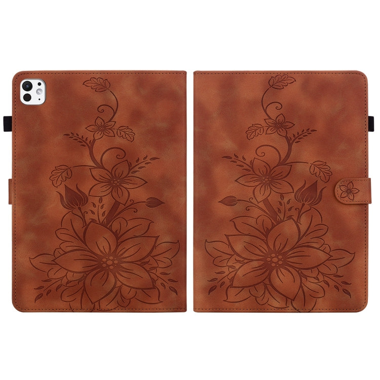 For iPad Pro 11 2024 Lily Embossed Leather Smart Tablet Case(Brown)