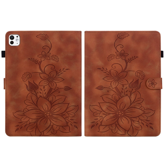 For iPad Pro 11 2024 Lily Embossed Leather Smart Tablet Case(Brown)