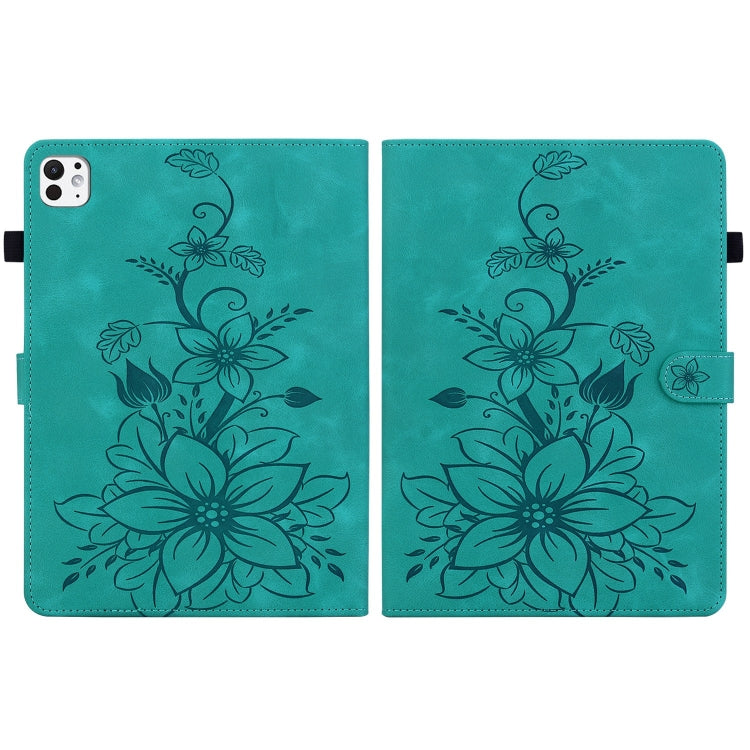 For iPad Pro 11 2024 Lily Embossed Leather Smart Tablet Case(Green)