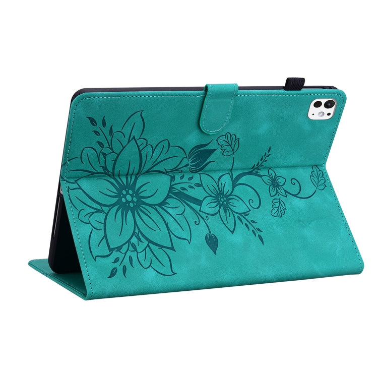 For iPad Pro 11 2024 Lily Embossed Leather Smart Tablet Case(Green)
