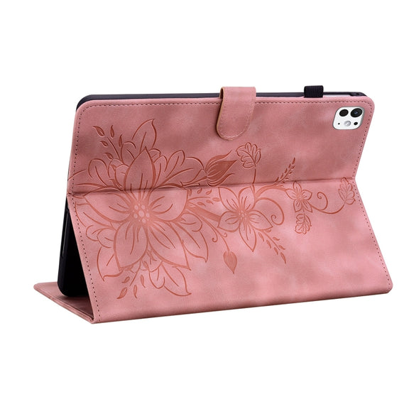 For iPad Pro 11 2024 Lily Embossed Leather Smart Tablet Case(Pink)