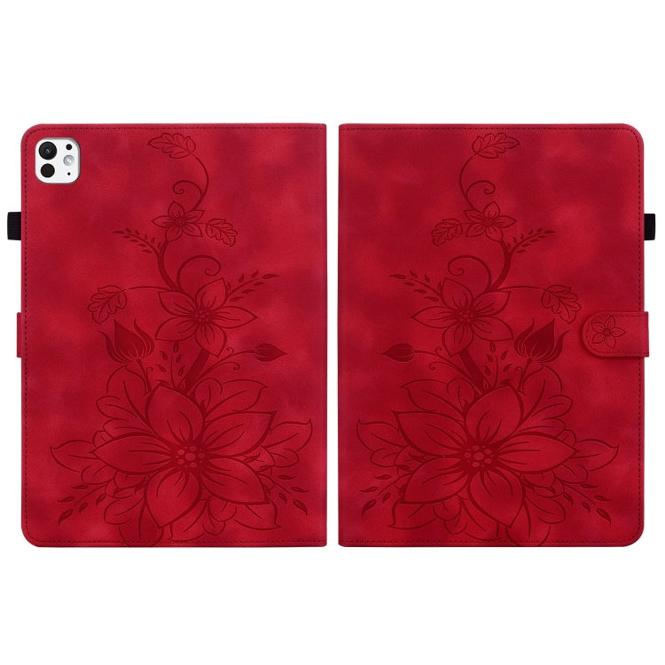 For iPad Pro 11 2024 Lily Embossed Leather Smart Tablet Case(Red)