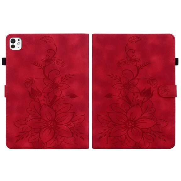 For iPad Pro 11 2024 Lily Embossed Leather Smart Tablet Case(Red)