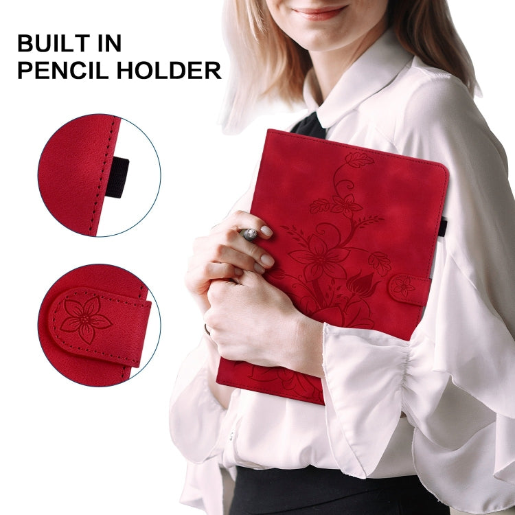 For iPad Pro 11 2024 Lily Embossed Leather Smart Tablet Case(Red)