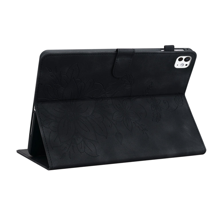 For iPad Pro 11 2024 Lily Embossed Leather Smart Tablet Case(Black)