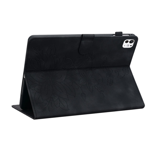 For iPad Pro 11 2024 Lily Embossed Leather Smart Tablet Case(Black)