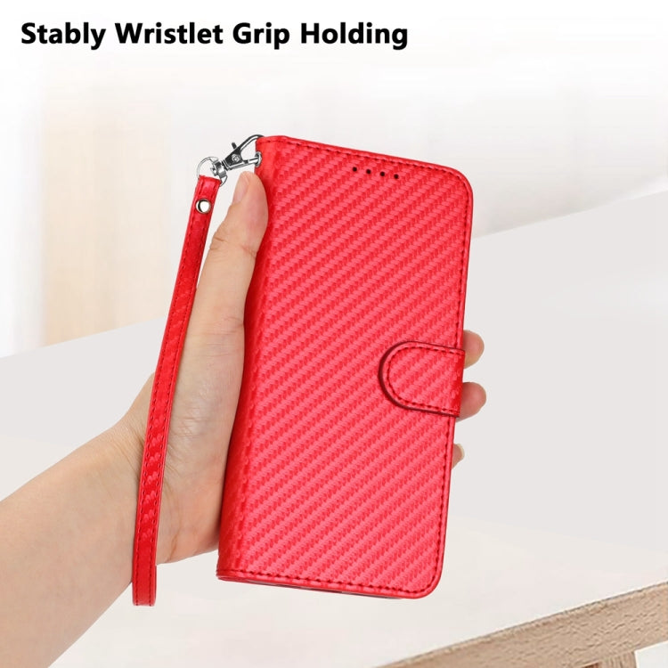 For iPhone 16e YX0070 Carbon Fiber Buckle Leather Phone Case with Lanyard(Red)