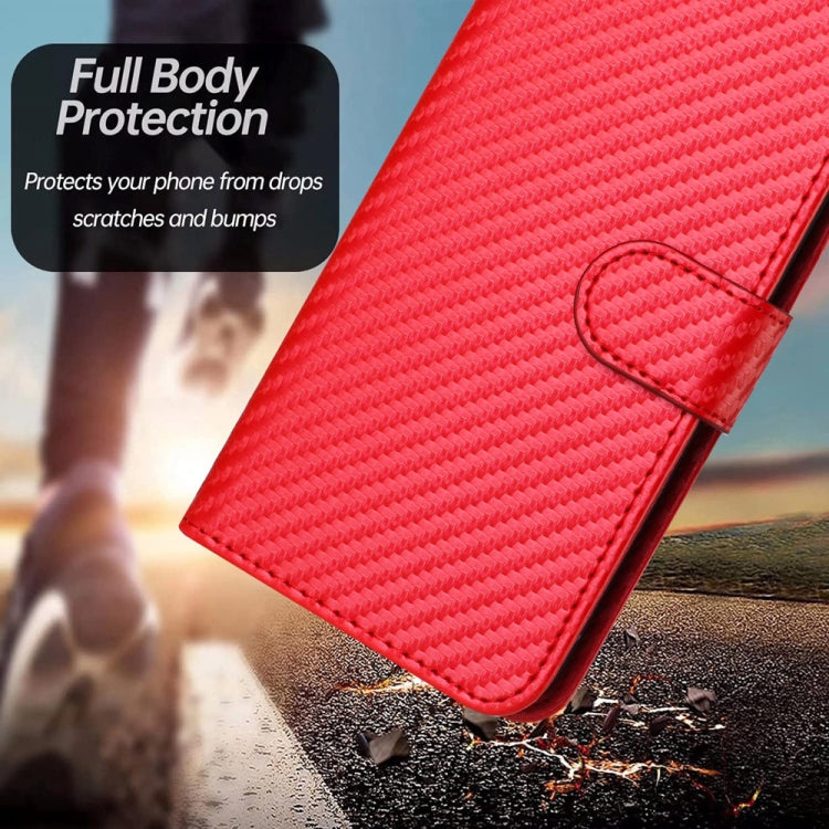 For iPhone 16e YX0070 Carbon Fiber Buckle Leather Phone Case with Lanyard(Red)