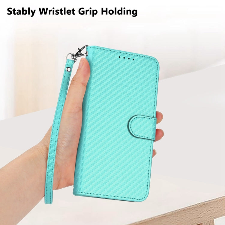 For iPhone 16e YX0070 Carbon Fiber Buckle Leather Phone Case with Lanyard(Light Blue)