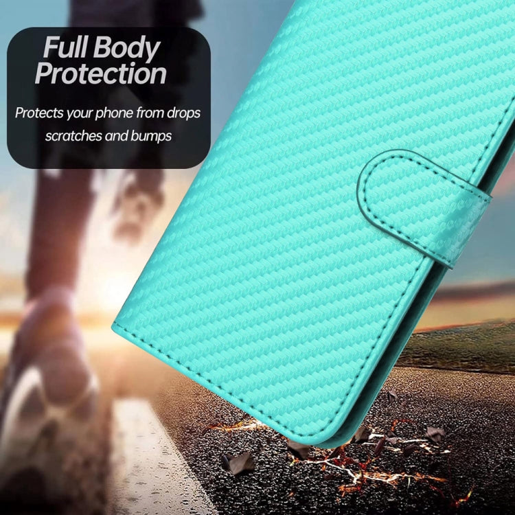 For iPhone 16e YX0070 Carbon Fiber Buckle Leather Phone Case with Lanyard(Light Blue)