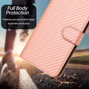 For iPhone 16e YX0070 Carbon Fiber Buckle Leather Phone Case with Lanyard(Pink)