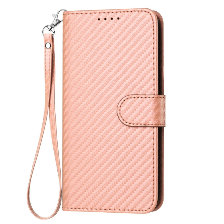 For iPhone 16 Pro YX0070 Carbon Fiber Buckle Leather Phone Case with Lanyard(Pink)