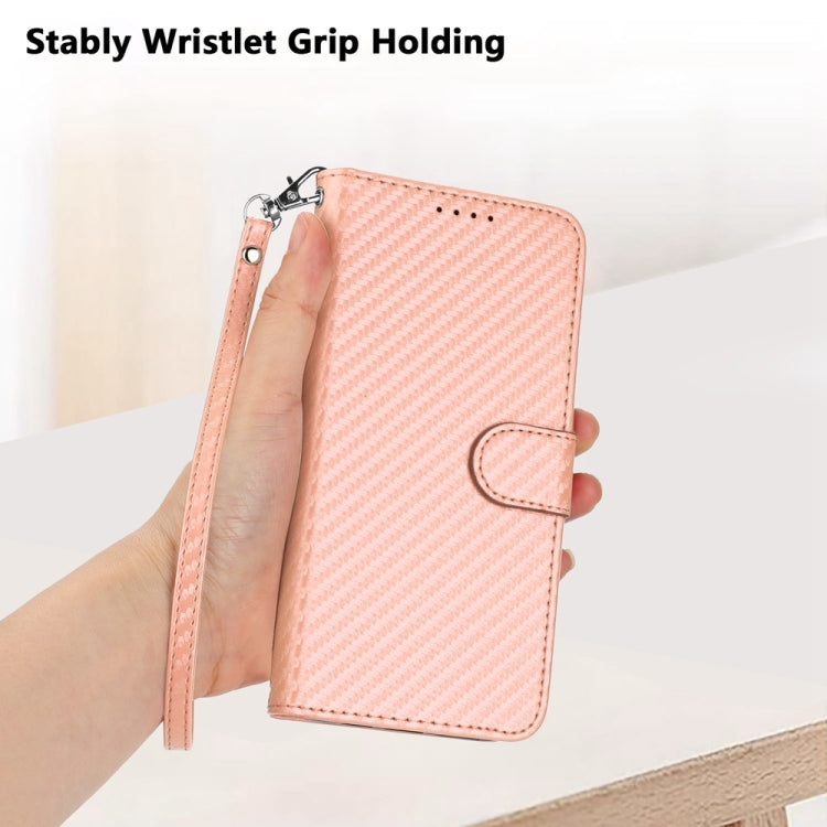 For iPhone 16 Pro YX0070 Carbon Fiber Buckle Leather Phone Case with Lanyard(Pink)
