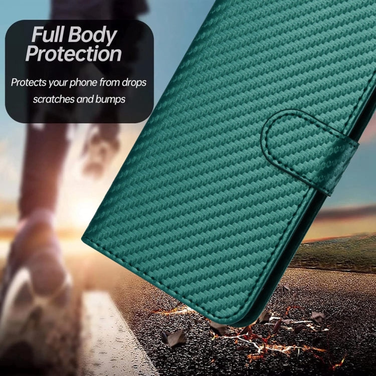 For iPhone 16 Plus YX0070 Carbon Fiber Buckle Leather Phone Case with Lanyard(Dark Green)