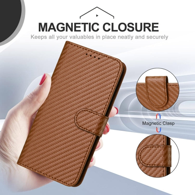 For iPhone 16 YX0070 Carbon Fiber Buckle Leather Phone Case with Lanyard(Coffee)