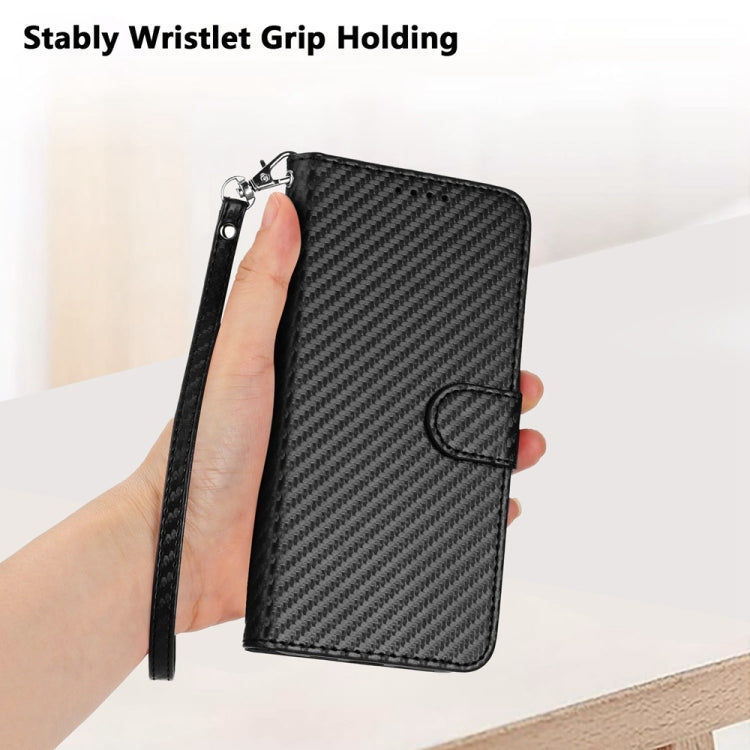 For iPhone 16 YX0070 Carbon Fiber Buckle Leather Phone Case with Lanyard(Black)