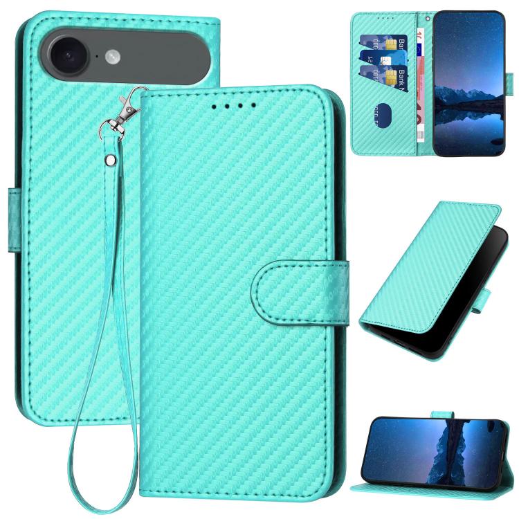 For iPhone 17 Air YX0070 Carbon Fiber Buckle Leather Phone Case with Lanyard(Light Blue)