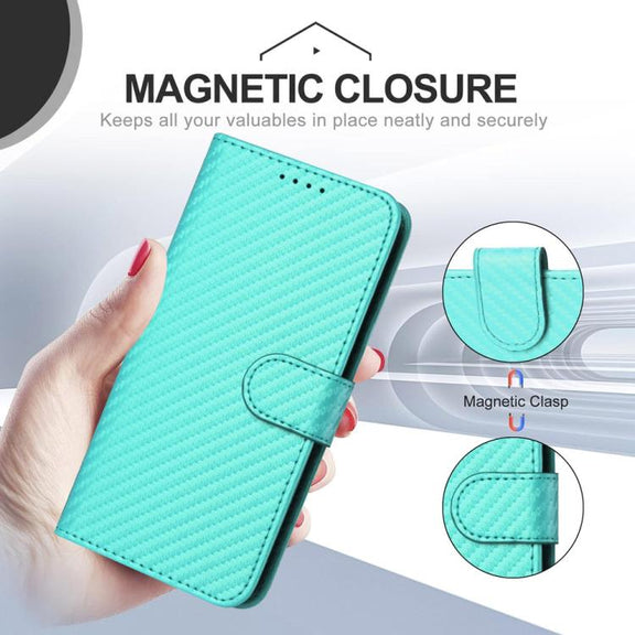 For iPhone 17 Air YX0070 Carbon Fiber Buckle Leather Phone Case with Lanyard(Light Blue)