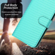 For iPhone 17 Air YX0070 Carbon Fiber Buckle Leather Phone Case with Lanyard(Light Blue)