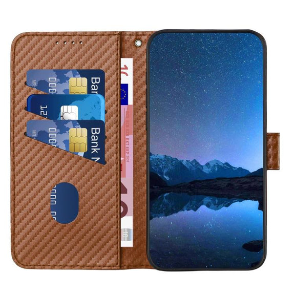 For iPhone 17 Air YX0070 Carbon Fiber Buckle Leather Phone Case with Lanyard(Coffee)
